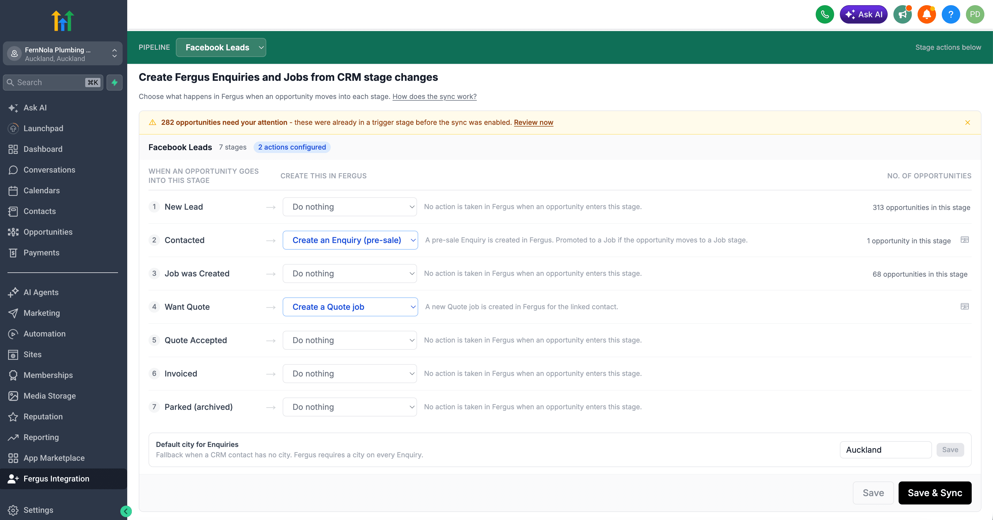 Fergus Integration configuration screen showing pipeline stage actions — choose what Fergus job type to create when an opportunity enters each CRM stage